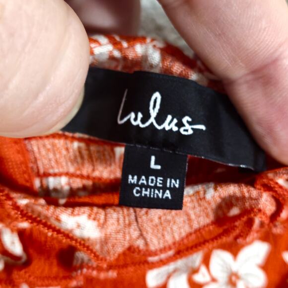 Lulus Red Floral Smocked Midi Dress L NWT Ruffle Strap Vacation Resort - Picture 8 of 9